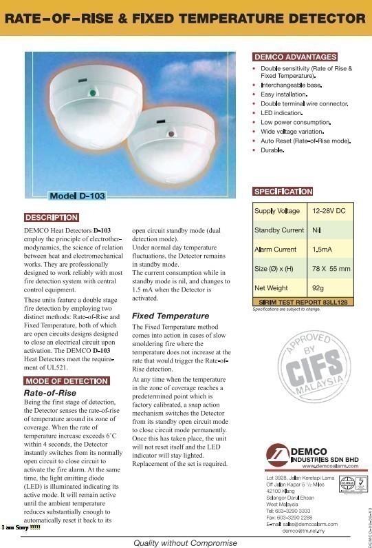 Heat detector rate-of-rise dan fixed temperature Demco D-103