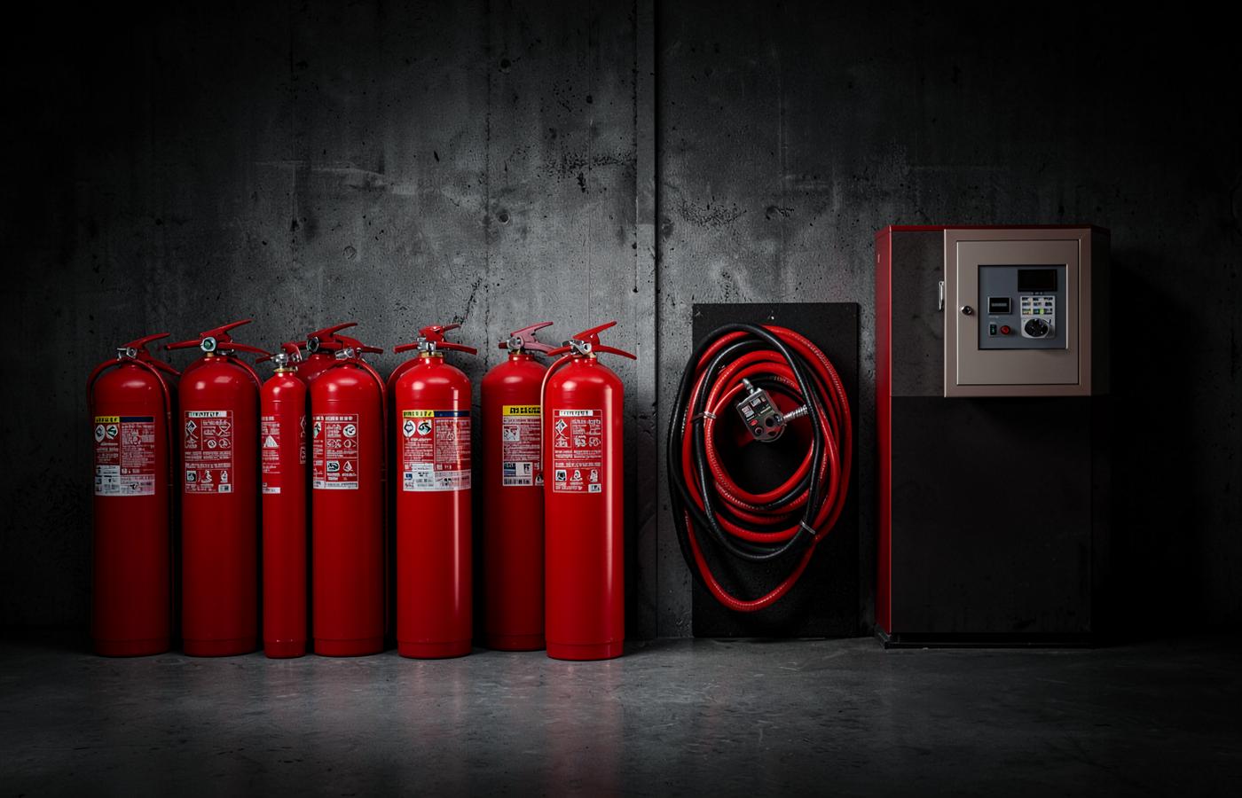 Deretan APAR, fire hose reel, dan panel alarm kebakaran di area industri